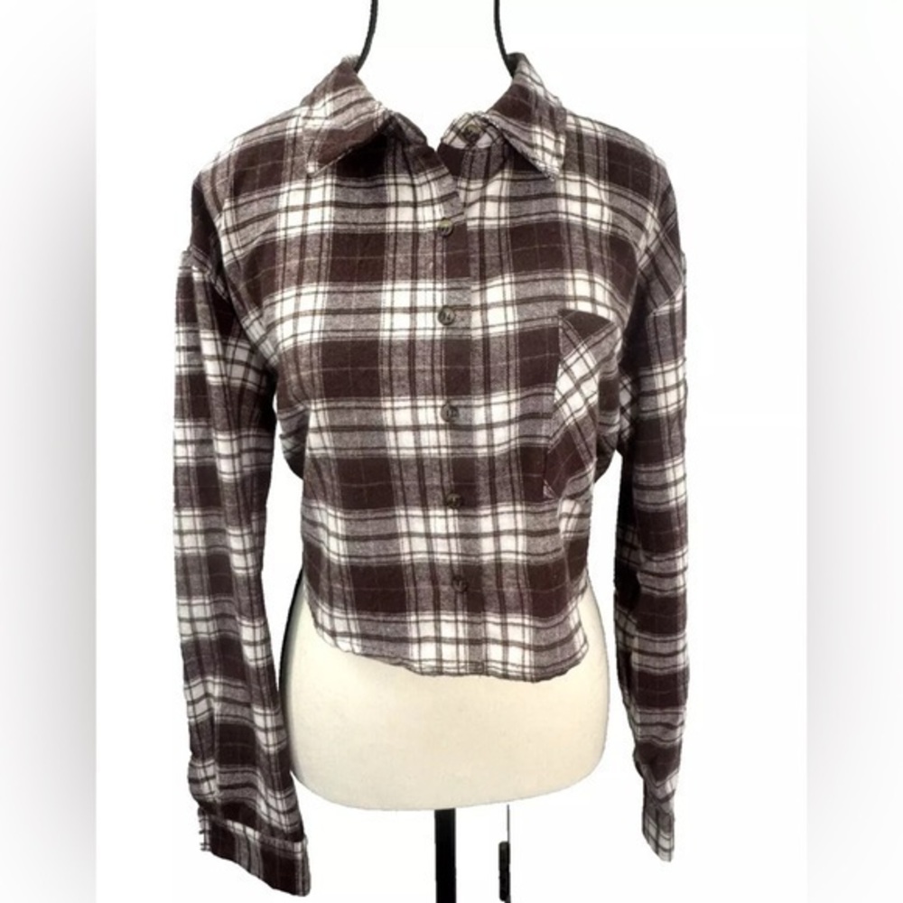 Buffalo Plaid Crop Shirt Teen Girls Trendy Button Pocket Cardigan Long Sleeve L